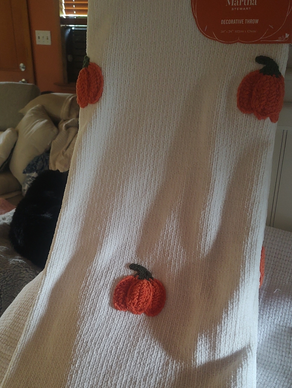 Martha Stewart Cream Knit Throw with Orange Pumpkin Appliqués